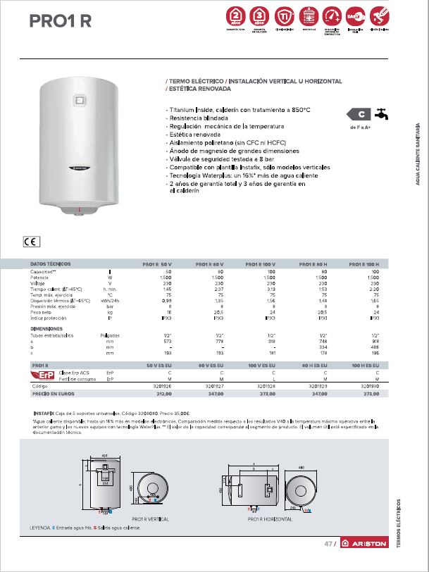 Ariston - Termo Eléctrico Horizontal 100 Litros Pro 1 R